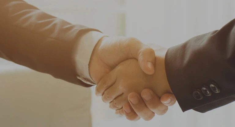 Two individuals in business attire engaged in a firm handshake.