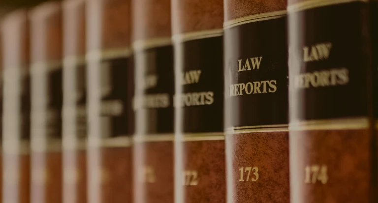 Close-up of brown leather-bound law report books with gold lettering on a shelf.